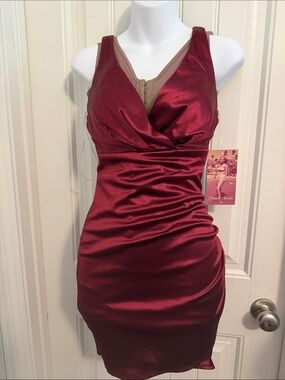 Emerald Sundae Satin Ruched V-Neck Bodycon Dress in Burgundy wine